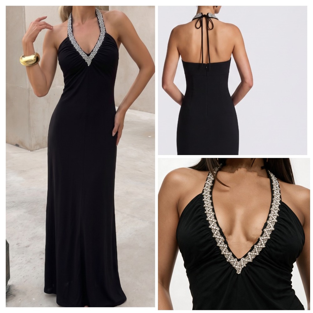 VTG Black Halter Maxi Dress M Deep Plunge Swarovski Crystals Whimsigoth Prom NWT
